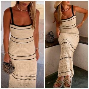 New Boho Sheer Crochet Knit Contrast Stripe Cami Maxi Dress Khaki Tan Black
